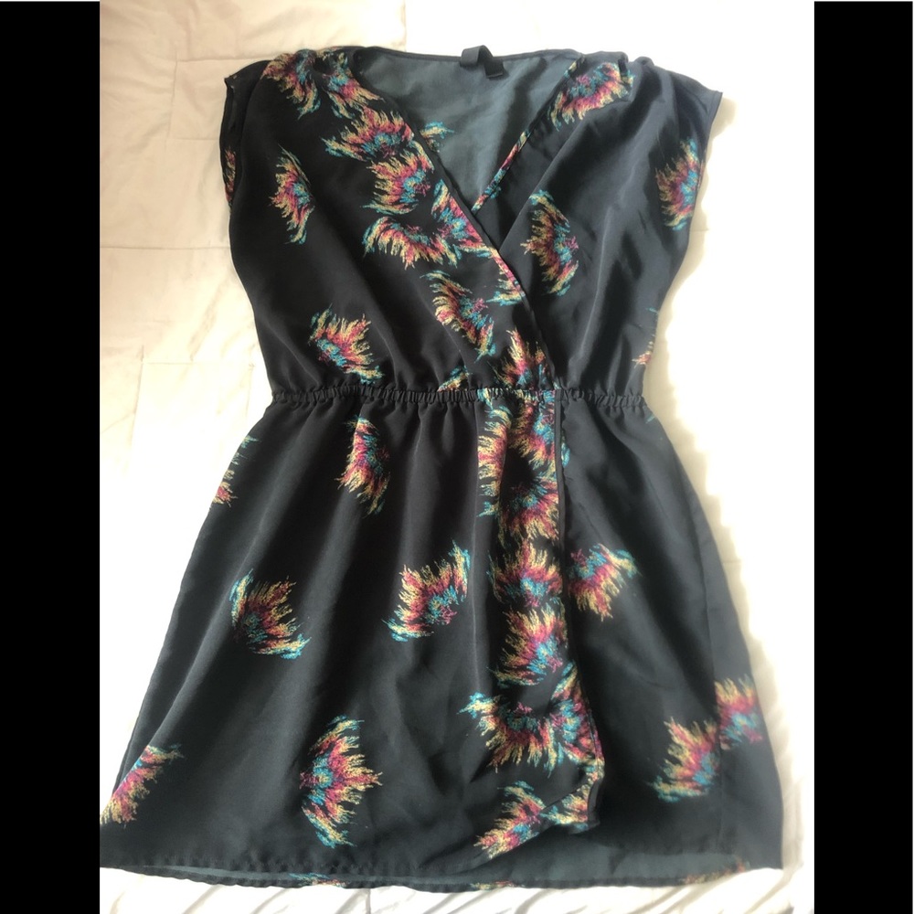 Navy print mock wrap cinched waist tunic dress